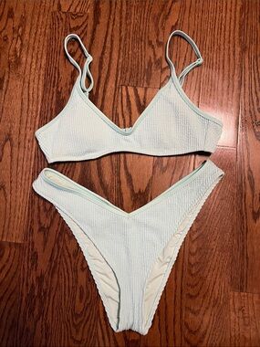 aerie Pale Blue Textured Bikini Top and Bottom